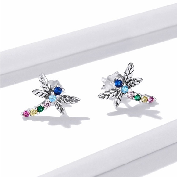 925 Sterling Silver Colorful Multiple Zircon Dragonfly Stud Earrings. - Picture 2 of 8